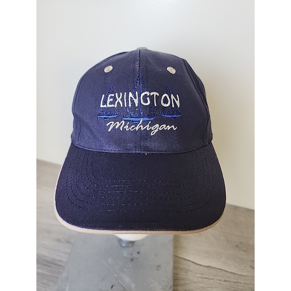 Lexington Michigan Ballcap Navy Blue Tan Trim Embroidered Sailboat Adjustable